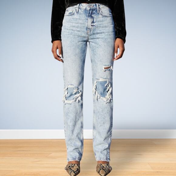 Free People Denim - Free People My Own Lane High Rise Distressed Straight Leg Acid Wash Jeans 28